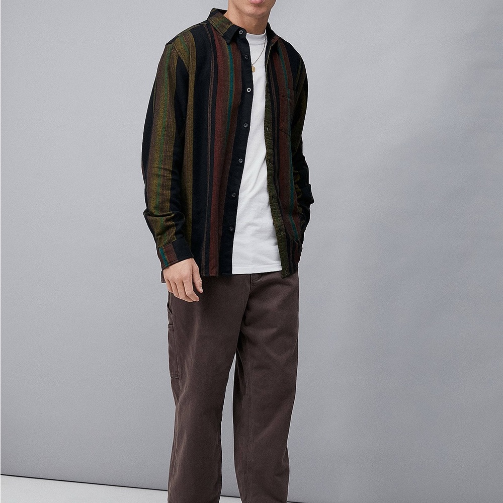 UO Black Striped Long-Sleeve Flannel Shirt UK